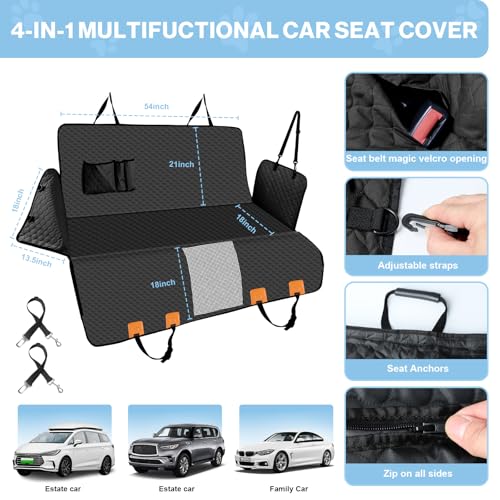 Dog Car Seat Cover for Back Seat, Waterproof Protector with Side Flaps, Scratchproof Hammock, Non-Slip Bottom for Cars/Trucks/SUVs (Black) - color: Black
