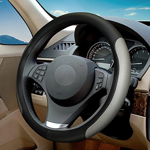 Steering Wheel Cover, Microfiber Leather Splicing with Classic Embossing,Contrasting Colors Anti-Slip Breathable Auto Car Steering Wheel Cover Fit 15 Inch Car Wheel Protector (Black&Gray) - color: Black&Gray