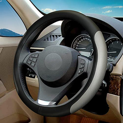 Steering Wheel Cover, Microfiber Leather Splicing with Classic Embossing,Contrasting Colors Anti-Slip Breathable Auto Car Steering Wheel Cover Fit 15 Inch Car Wheel Protector (Black&Gray) - color: Black&Gray