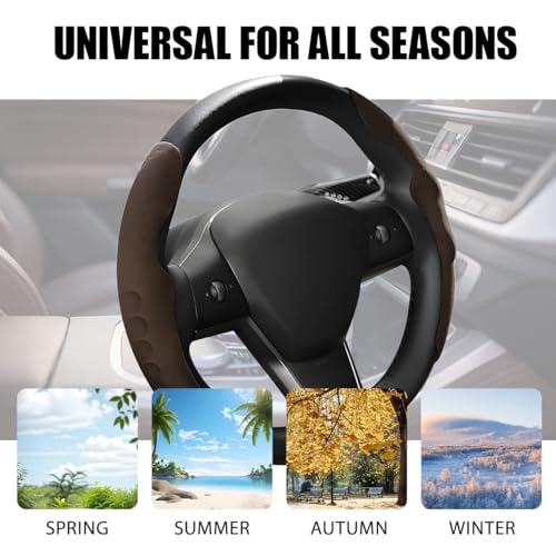 Car Steering Wheel Cover, Suede Leather Anti Slip Segmented Vehicle Steering Wheel Protector, Breathable Automotive Interior Protection Guard Accessories, Universal Fit (Coffee)