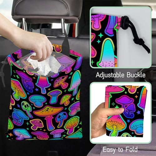 Bright Mushrooms Car Garbage Bag,Colorful Mushroom Waterproof Small Car Trash Bag Hanging Back of Seat,Drawstring Hanging Car Trash Bag with Adjustable Buckle for Car Accessories - color: Bright Mushrooms
