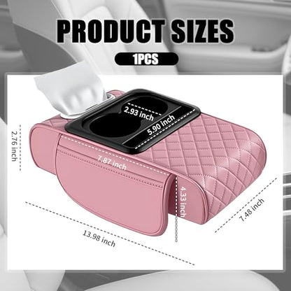 5-in-1 Car Center Console Cover,Leather Car Armrest Cover with Cup Holder/Storage Pocket/Phone Holder/Cars Tissue Holders,Thickened Cars Armrest Storage Box for Relieving Elbow Fatigue (Pink) - color: Pink