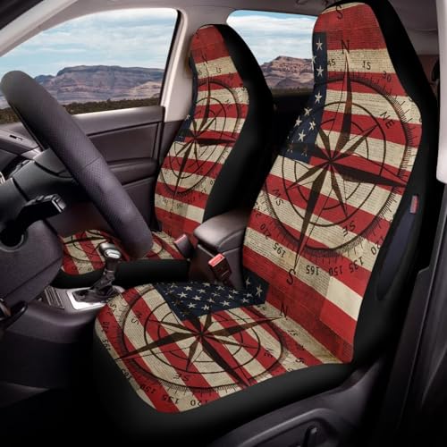 Front Car Seat Covers, American Flag Compass Print Comfortable Breathable Car Front Seat Cover Waterproof, Universal Auto Seat Cover Compatible with Airbag, Easy to Install, Set of 2 - color: American Flag Compass - Red and Beige