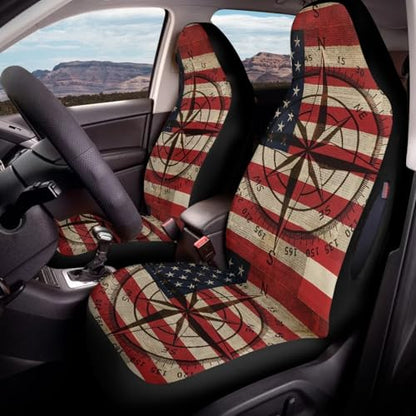 Front Car Seat Covers, American Flag Compass Print Comfortable Breathable Car Front Seat Cover Waterproof, Universal Auto Seat Cover Compatible with Airbag, Easy to Install, Set of 2 - color: American Flag Compass - Red and Beige
