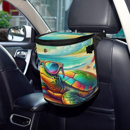 MNSRUU Car Trash Can with Lid, Turtle Wearing Sunglasses Car Trash Bag Hanging Organizers and Storage for Front Back Seat, Leak-Proof Trash Bin - color: Cat I8055A