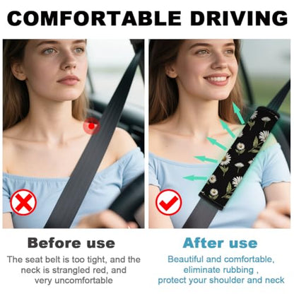 2Pcs Soft Auto Seat Belt Cover Pad Daisy Flower Print Car Seatbelt Shoulder Cushion for Comfortable Driving, Compatible with All Cars' Seatbelt and Backpack Straps - color: Daisies