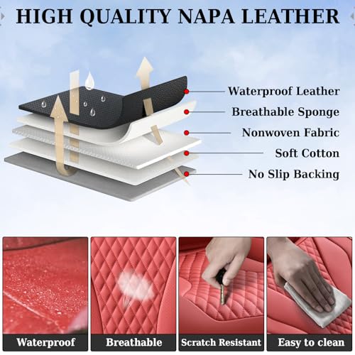 Coverado Waterproof Nappa Leather Car Seat Covers Full Set, Red 5-Seat Car Seat Protector, Front & Rear Cushions Fit for Most Sedans, SUVs, Pick-up Trucks - color: pure red