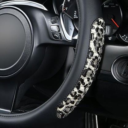Flying Banner car Steering Wheel Cover Gel Massage Velvet Cool Warm Universal Size 15 inches SUV Truck Anti Slip Odorless Summer Winter (Black Gray Leopard Print, Gel Massage) - color: Black Gray Leopard Print