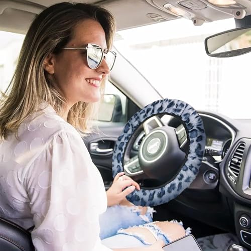 19 Pcs Fluffy Car Accessories Set,Fluffy Plush Leopard Print Steering Wheel Covers,Plush Head Pillow,Pillowcase,Eyeglasses Clip,Car Accessories for Women. (Black&Grey)