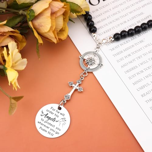 Car Cross Charms Christian Car Accessories Rear View Mirror Hanging Accessories for He Will Order His Angels to Protect You Wherever You Will Go Cars Rosary Bible Verse Religious Gifts for Women