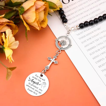 Car Cross Charms Christian Car Accessories Rear View Mirror Hanging Accessories for He Will Order His Angels to Protect You Wherever You Will Go Cars Rosary Bible Verse Religious Gifts for Women
