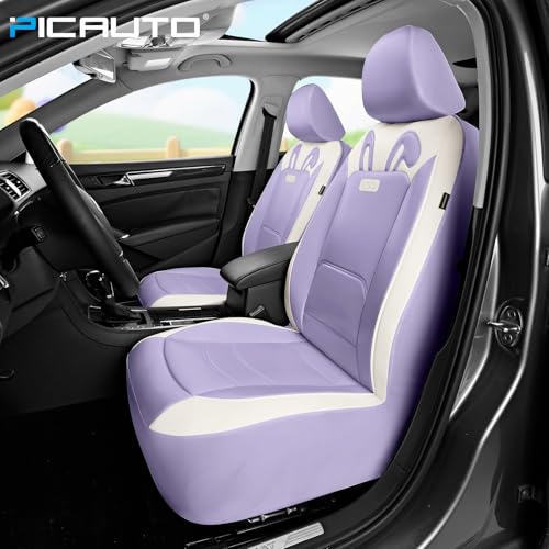 PIC AUTO Car Seat Covers, Cute Rabbit Premium Purple Leather Seat Covers, Universal Fit Front Seat Covers for Cars, Trucks, SUVs, Soft & Wear-Resistant Auto Interior Protection with Airbag-Compatible - color: Purple