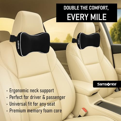 Samsonite Car Neck Pillow, Soft Memory Foam Headrest Pillow for Driving, Ergonomic Car Seat Headrest Cushion with Adjustable Strap, Breathable & Removable Cover, Neck Pain Relief, Black