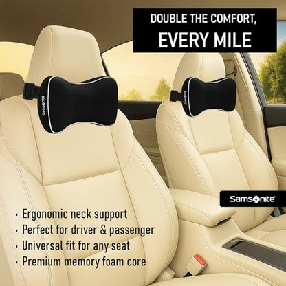 Samsonite Car Neck Pillow, Soft Memory Foam Headrest Pillow for Driving, Ergonomic Car Seat Headrest Cushion with Adjustable Strap, Breathable & Removable Cover, Neck Pain Relief, Black
