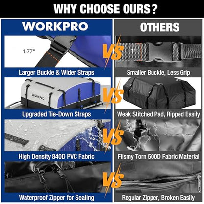 WORKPRO 21 Cubic Feet Rooftop Cargo Carrier Roof Bag, Waterproof Roof Rack Cargo Carrier for Vehicles with/Without Rack, Heavy Duty 840D PVC, Includes Anti-Slip Mat, 6 Door Hooks and Storage Bag