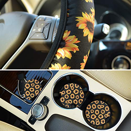 Sunflower Steering Wheel Cover Dreams Car Set: Women's Delightful Yellow Accessories with Cute Stuff Featuring Wheel Cover, Adorable Keychain,2 Car Cup Holder for a Cute and Vibrant Driving Experience - color: Sunflower