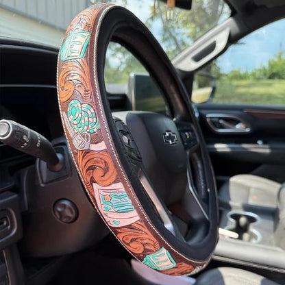 Western Steering Wheel Cover,Retro Western Cowboy Car Universal Steering Wheel Cover,Embossed Hand-Painted Leather Western Car Accessories, for Women Man, Anti-Slip Design Easy to Install (E) - color: E