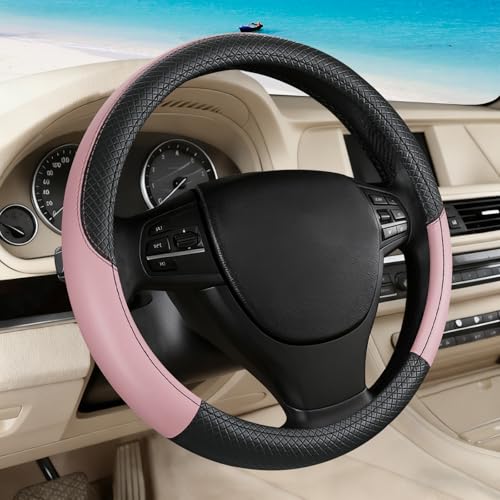 Black & Pink Car Steering Wheel Cover, Microfiber, Leather Patchwork, Universal 14.5-15 Inch Leather Anti-Slip Breathable Auto Steering Wheel Covers for Men Women - color: Black & Pink