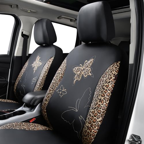 Flying Banner Butterfly car seat Covers ful Set Fashion Universal Lady Woman Female Rear Bench Split Colorized (Full Set - Faux Leather, Leopard Brown) - color: Leopard Brown Faux Leather, size: Full set
