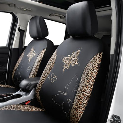 Flying Banner Butterfly car seat Covers ful Set Fashion Universal Lady Woman Female Rear Bench Split Colorized (Full Set - Faux Leather, Leopard Brown) - color: Leopard Brown Faux Leather, size: Full set