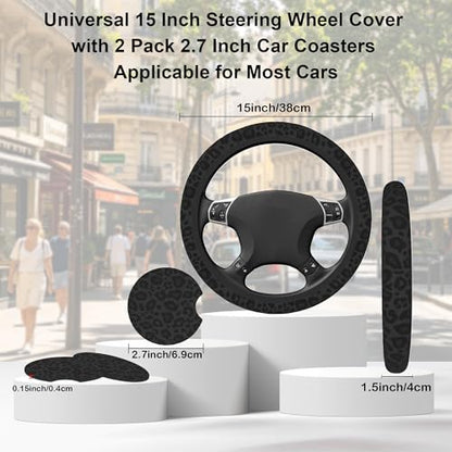 Black Leopard Steering Wheel Cover with 2 PCS Cup Coasters for Car,Black Cheetah Print 15 Inch Non-Slip Neoprene Steering Wheel Covers,Breathable Car Accessories Fit for Men Women - color: Black Leopard