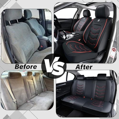 Car Seat Cover Full Set Sets, Universal Car Seat Covers for Cars, Premium Waterproof Leather, Protect & Upgrade Car Interior, Compatible with Airbags, Easy to Install & Clean Up - color: C_Black and Red Edge