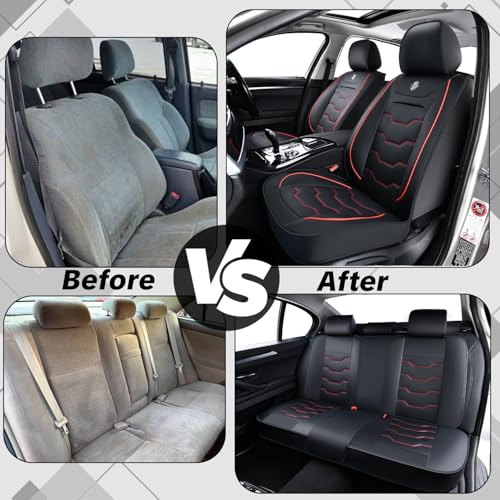 Car Seat Cover Full Set Sets, Universal Car Seat Covers for Cars, Premium Waterproof Leather, Protect & Upgrade Car Interior, Compatible with Airbags, Easy to Install & Clean Up - color: black & Red Edges