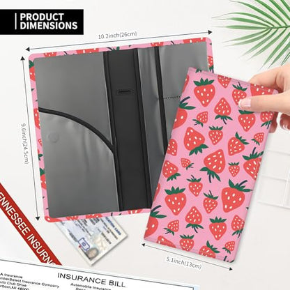 Leather Car Registration and Insurance Card Holder, Cute Car Accessories Vehicle Glove Box Car Organizer for Documents, Cards, License Pink Red Cute Strawberry