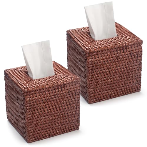 2 Pack Square Rattan Tissue Box Cover, Hand Woven Wicker Tissue Holder, 5.5 x 5.5 X 5.7 inches, Brown - color: Honey Brown, size: Square (5.7"H) (Set of 2)