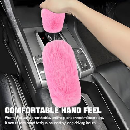 Hovom 2PCS Fluffy Car Gear Shift Knob Cover & Handbrake Cover, Soft Plush Hand Brake Handle & Gear Shift Cover for Women Girls, Universal Comfortable Warm Furry Car Accessories (Pink) - color: Pink