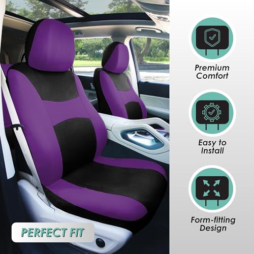 FH Group Light & Breezy Cloth Full Set Car Seat Covers (Purple/Black) Combo Set: Steering Wheel Cover, Seat Belt Pads and Black Vinyl Floor Mats – Universal Fit for Cars Trucks & SUVs