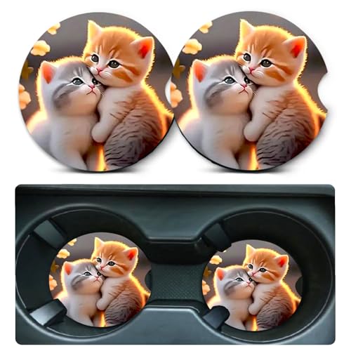 Car Coasters for Cup Holders,2 Pack Two Cat Car Coasters,2.75" Universal Size Anti Slip Rubber Mat,Automotive Cup Holder Decal Decor Accessories,Gifts for Cat Lovers for Women,Men,Mom - color: 2 Cute Cats