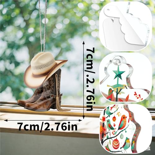 Cute Cowboy Boots Car Hanging Ornament, 2D Flat Acrylic Car Rearview Mirror Charm, Auto Interior Pendant Accessories for Window, Backpack, Keychain, Christmas Tree, Gift, 3.15 x 3.15 inch