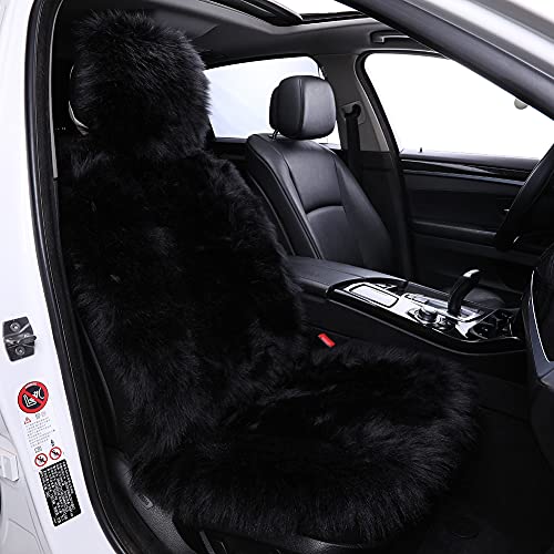 1Pc Faux Sheepskin Wool Fur Car Seat Cover for Cars SUV Trucks Universal Fit, Soft Plush Synthetic Wool Buck Fur Car Seat Cushions by FLMaples(Black) - color: Black