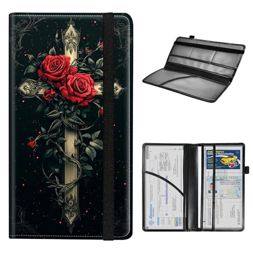 Car Registration and Insurance Holder for Women Men,Automobile License Document Card Holders Vehicle Glove Box Organizer Leather Accessories Driver Essential,Ornate Cross Red Roses - color: Ornate Cross Red Roses