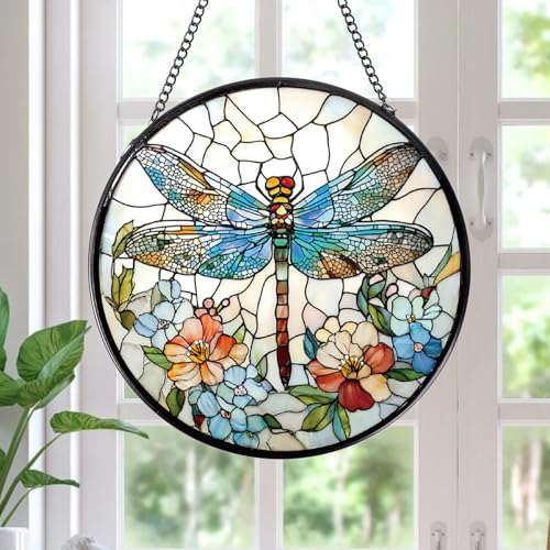 Rngmsi Dragonfly and Flower Stained Glass Window Hanging Gifts, 7.8″ Sun Catchers for Indoor Window Decor, Decorative Sun Catchers Home Wall Art Gift for Thanksgiving Christmas Housewarming