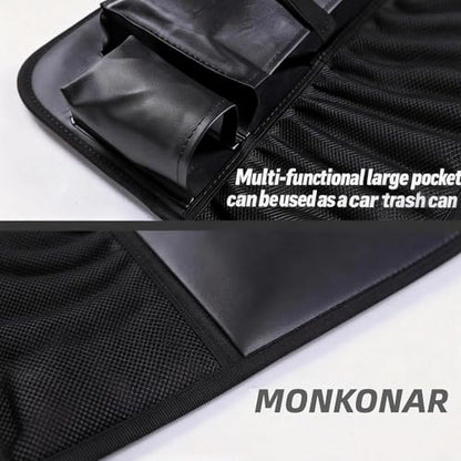 2PACK Leather Car Backseat Organizer with Tablet Holder - 9 Large Storage Pockets, Foldable Food Tray & Anti-Scratch Kick Mats - Universal Car Seat Protector for Kids, Pets & Travel Accessories