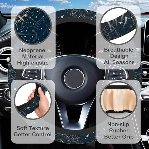 Astrology Moon Star Steering Wheel Cover with 2 Pcs Car Coasters Neoprene Steering Wheel Cover for Women Men Anti-Slip Breathable Car Accessories Universal 15 Inch Fit Auto Cars Trucks - color: Astrology Moon Star