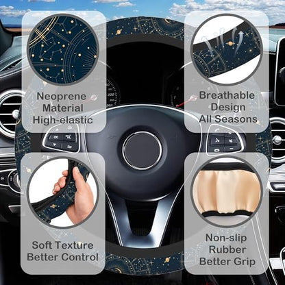Astrology Moon Star Steering Wheel Cover with 2 Pcs Car Coasters Neoprene Steering Wheel Cover for Women Men Anti-Slip Breathable Car Accessories Universal 15 Inch Fit Auto Cars Trucks - color: Astrology Moon Star