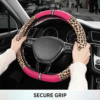 Road Comforts Leopard Steering Wheel Cover for Women, Cute Anti-Slip Microfiber Leather, Fits D Shape Flat Bottom Steering Wheel 14.5-15 Inch - HotPink - color: D Shape-HotPink