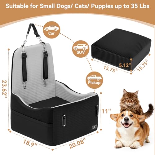 PETSFIT Dog Car Seat for Small/Medium Dogs Up to 35 lbs – Patented Safety System, 5" Memory Foam Pet Booster Car Seat, Fully Detachable and Washable Dog Carseat with 2 Storage Pockets (Black & Grey) - color: Black/Grey