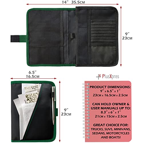 Glove Box Compartment Organizer - Car Document Holder - Owner Manual Case Pouch - Vehicle Storage Wallet for Registration & Insurance Card - Premium Auto Paperwork Holder - Log Book included - Green
