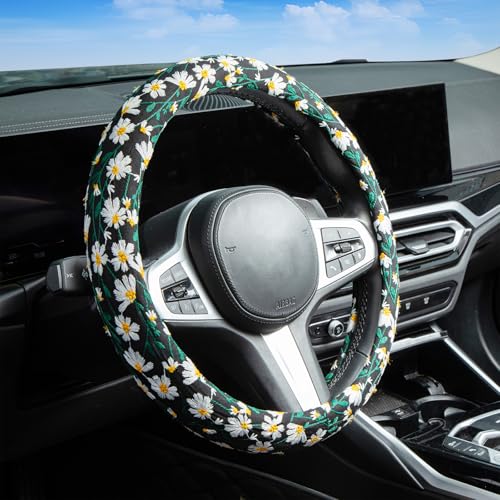 Embroidered Flowers Black Cute Daisy Steering Wheel Cover Auto Anti-Slip Breathable Rubber Steering Wheel Protector,Floral Car Accessories for Women,Universal Size Fit Most Cars -15 inch - color: Daisy Black Rubber