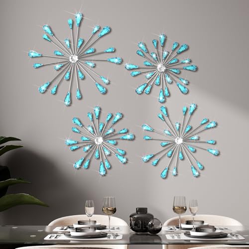 Hicarer 4 Pcs Starburst Wall Decor Bling Wall Art Crystal Teardrop 3D Hanging Rhinestone Radial Metal Artwork Modern Accent Sculptures Decorations for Living Room Home Office Bedroom(Blue) - color: Blue