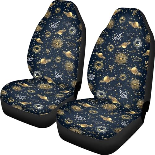 Star Moon Sun Print Car Seat Covers Front Set, Universal Fit Automotive Bucket Seat Covers for Truck Sedan SUV, Easy to Install Car Interior Decorative Accessories, Blue and Gold - color: Blue and Gold - Star Moon Sun
