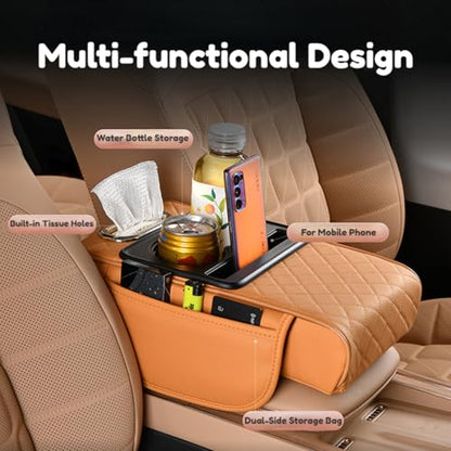 Car Center Console Pad Leather Armrest Pad w/Cup Holder, Tissue Box Slot, Side Bag, Phone Slot for Car Sedans (Quilted, Black-Red) - color: Black-Red, style: Quilted