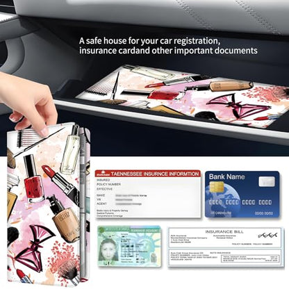 Premium Car Registration and Insurance Card Holder, Cute PU Leather Car Document Holder, Vehicle Glove Box Car Organizer with Magnetic Closure for Driver License, Cards Cosmetics Graffiti - color: Cosmetics Graffiti