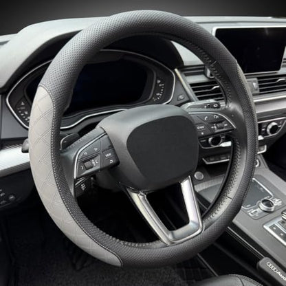 Nappa Leather Steering Wheel Cover,Elegant Diamond Checkered Design, Non-Slip wear-Resistant, Enhance Driving Comfort, Suitable for Steering Wheel Diameter 14 1/2‘-15’ Models.Black Gray - color: Black Gray
