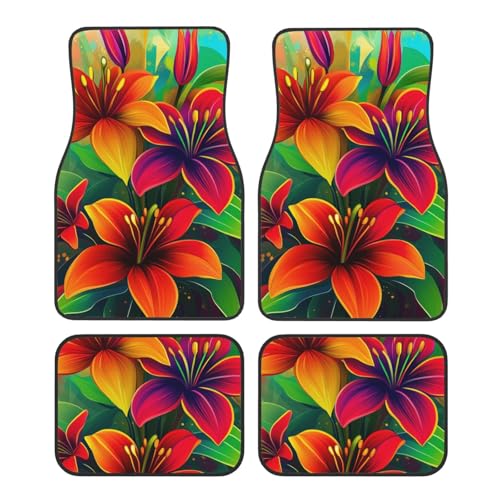 OSAM SPACE Neon Orange Green Flowers Car Floor Mats Set of 4 All Weather Trunk Mat Anti-Slip Automotive Carpet Decor Rugs Universal Car Accessories - color: Neon Orange Green Flowers