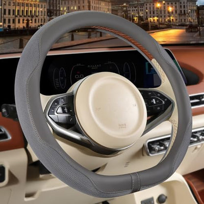 14 inch D Shaped Steering Wheel Cover for Prius Civic, Nappa Microfiber Leather Non-Slip Breathable Fabric, Warm in Winter and Cool in Summer, Gray Small 13.5 inch to 14 inch - color: Gray, size: D Shape-S[13.5''-14'']